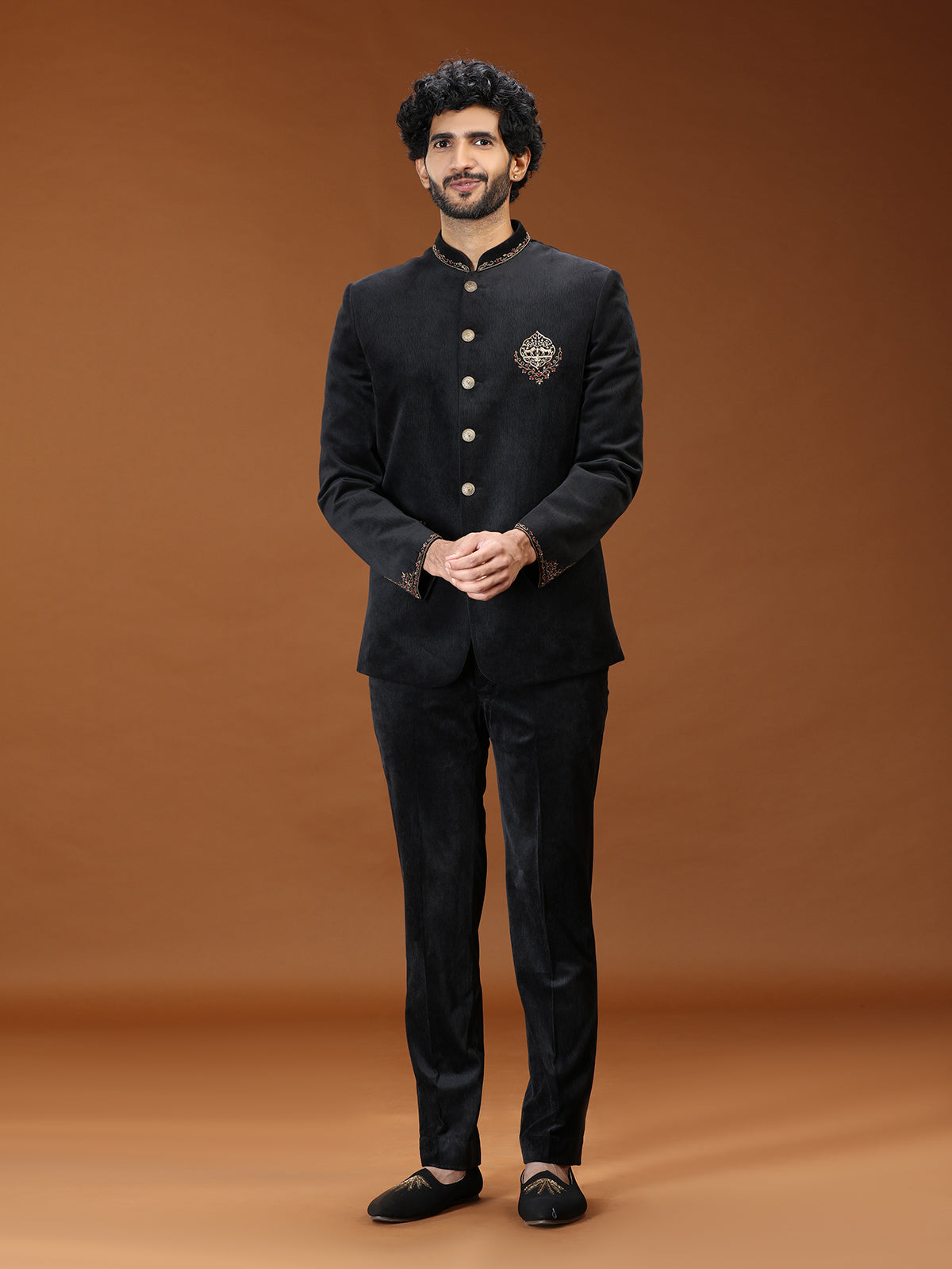Black velvet royal animal crest mens Jodhpuri suit