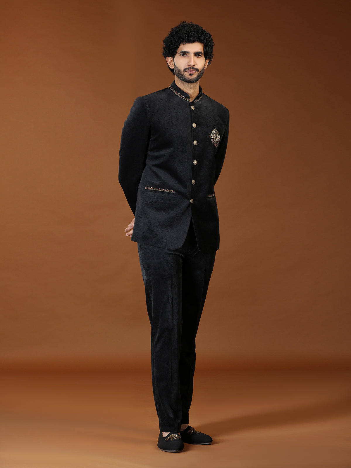 Black velvet royal animal crest mens Jodhpuri suit