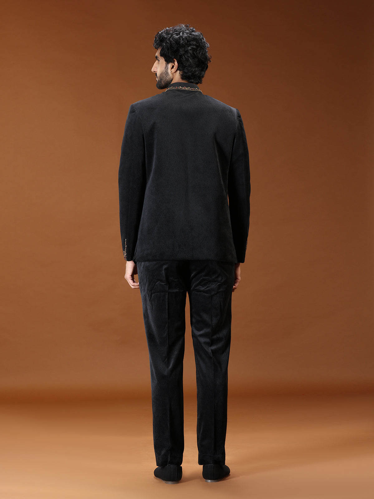 Black velvet royal animal crest mens Jodhpuri suit