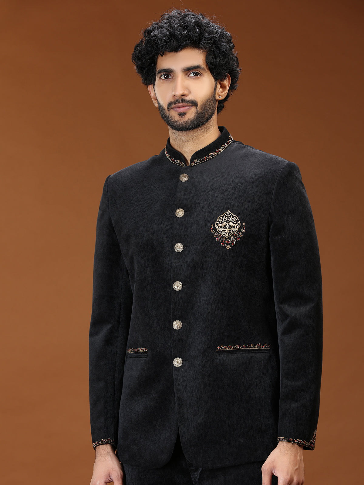 Black velvet royal animal crest mens Jodhpuri suit