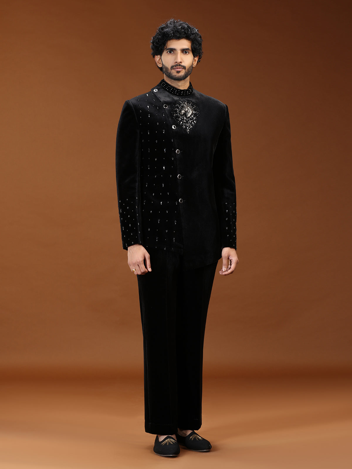 Black velvet sculpted horse crest mens Jodhpuri suit