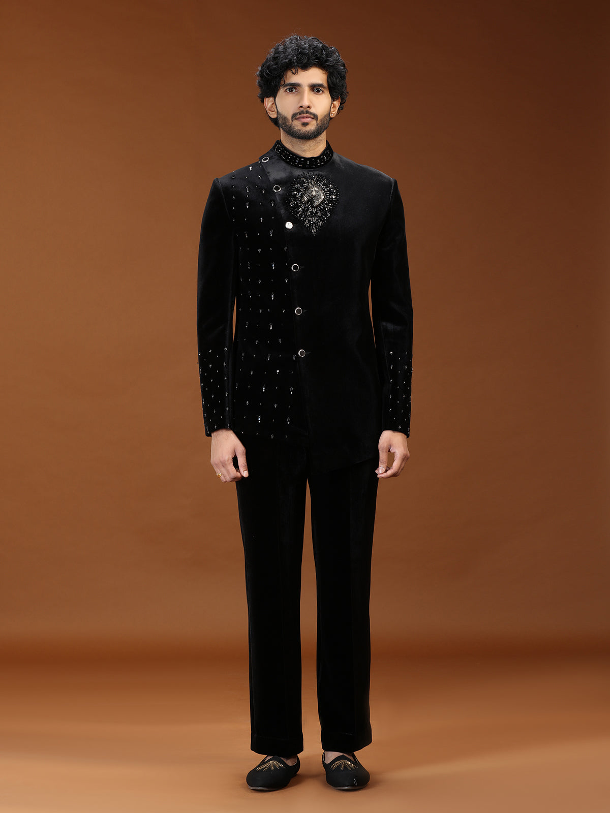 Black velvet sculpted horse crest mens Jodhpuri suit