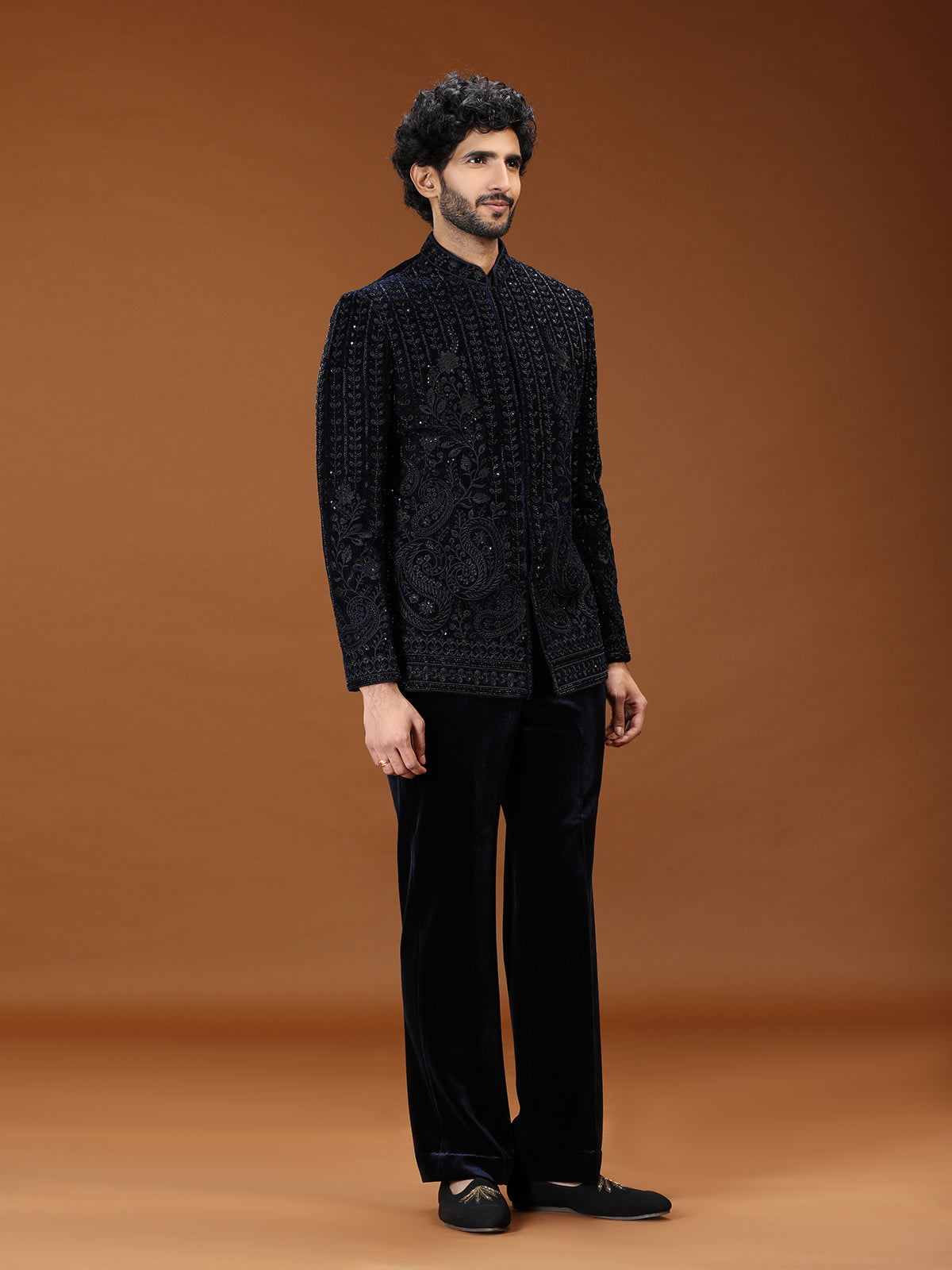 Elegant navy blue floral jodhpuri suit for mens