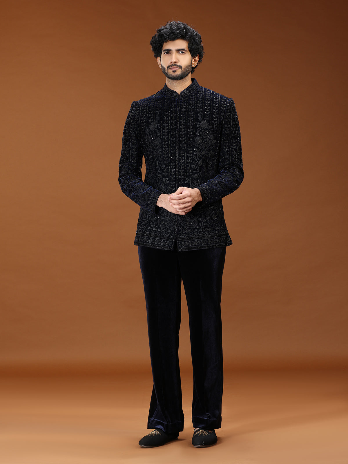 Elegant navy blue floral jodhpuri suit for mens