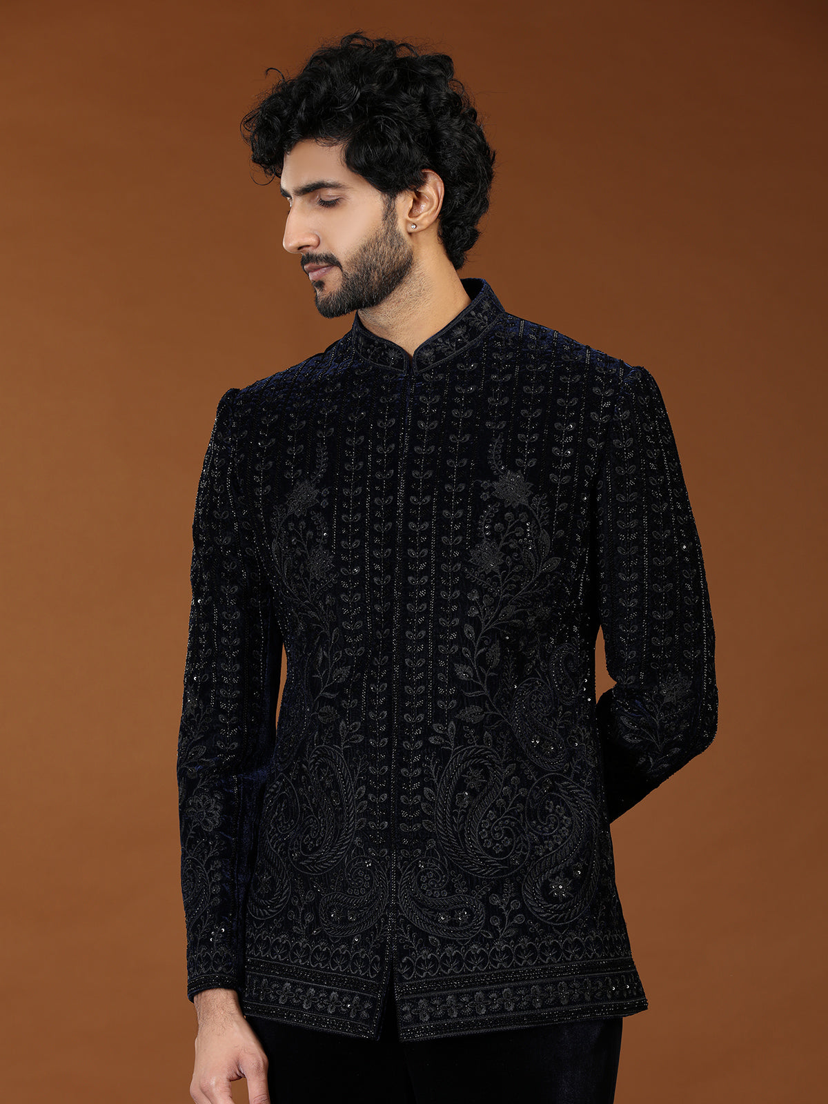 Elegant navy blue floral jodhpuri suit for mens