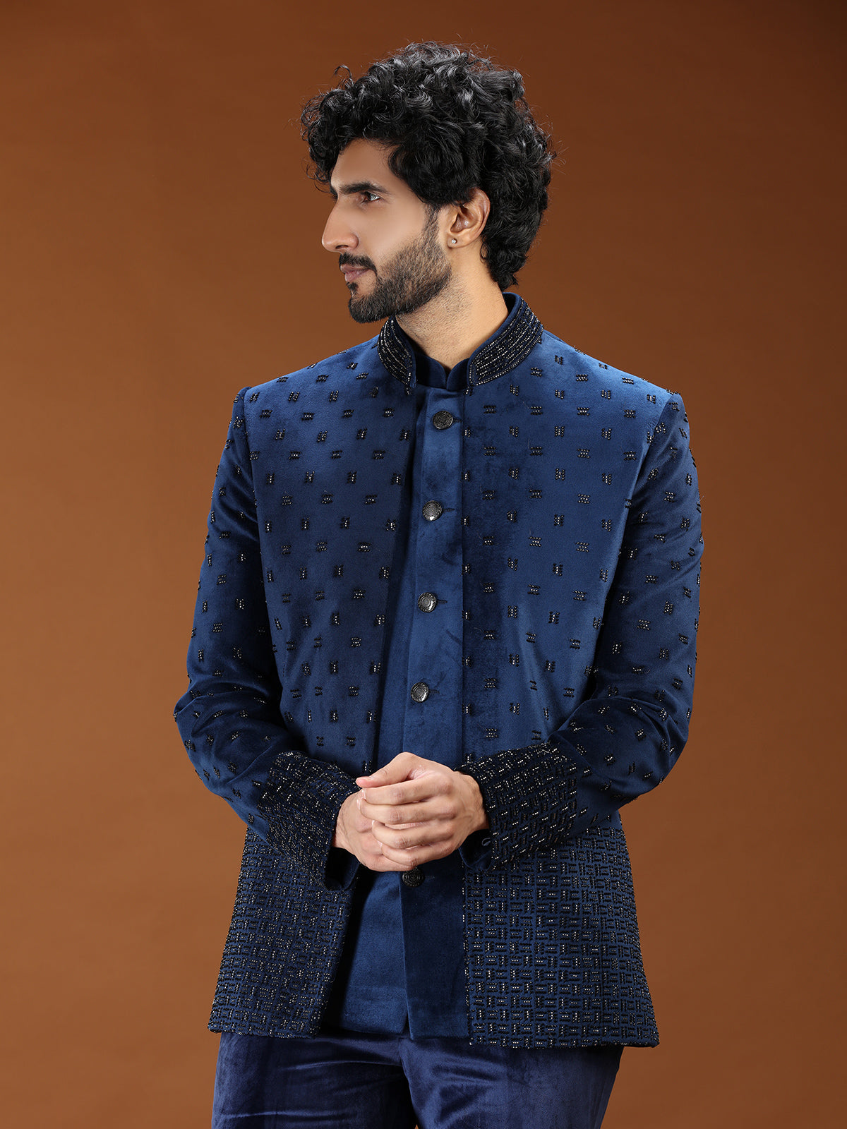 Contemporary blue cutdana jodhpuri suit for mens