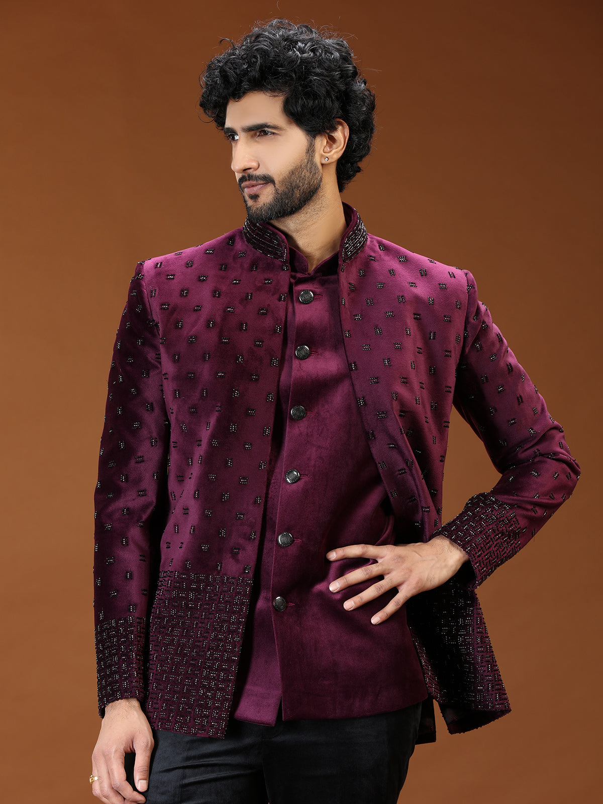 Regal wine cutdana jacket jodhpuri suit for mens