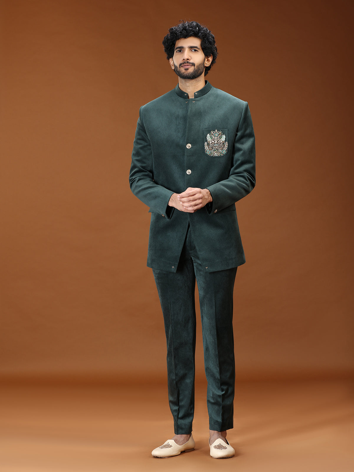 Regal green crest embroidered jodhpuri suit for mens