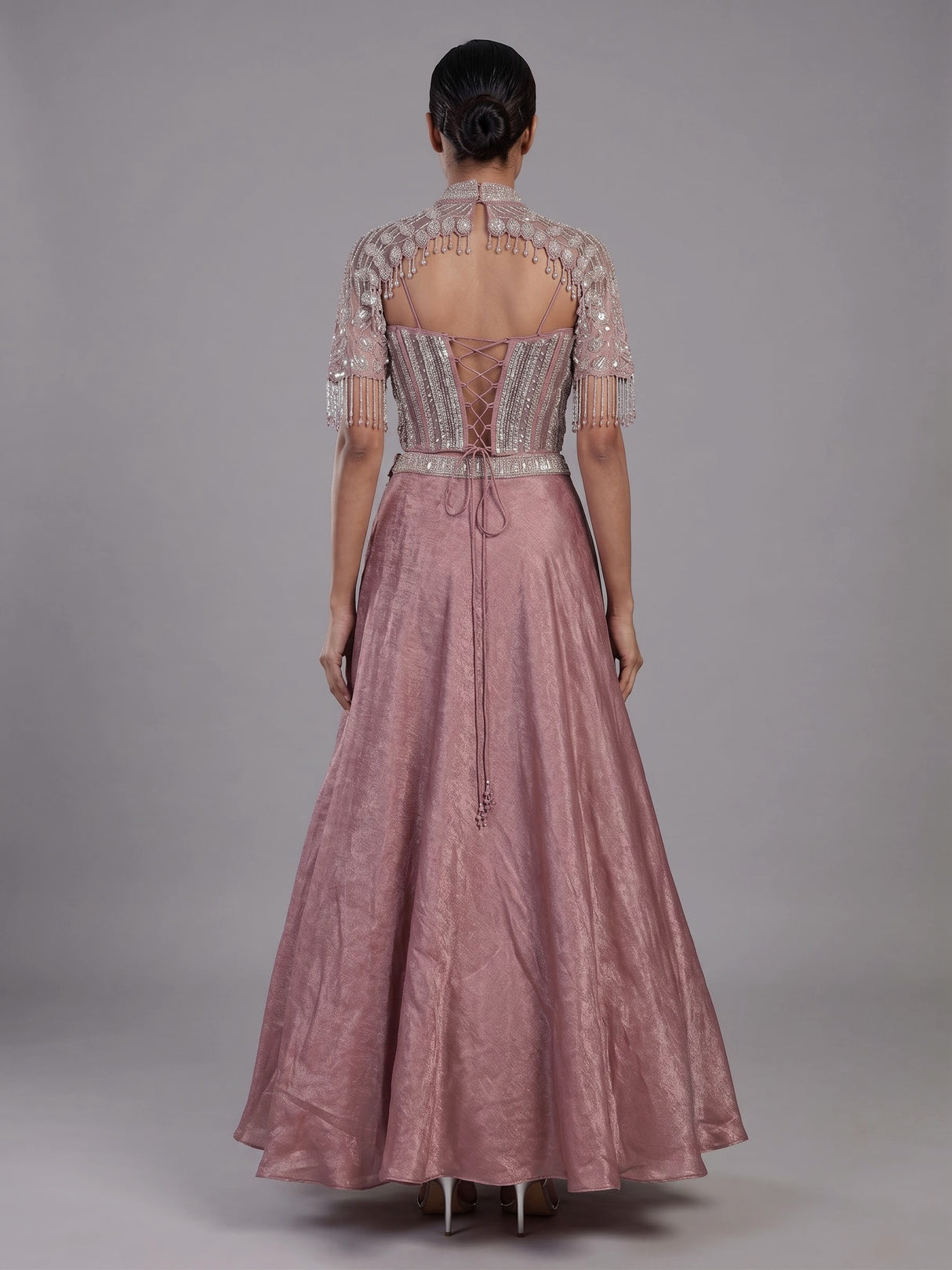 Chic onion pink chiffon tissue silk lehenga choli with embellishments