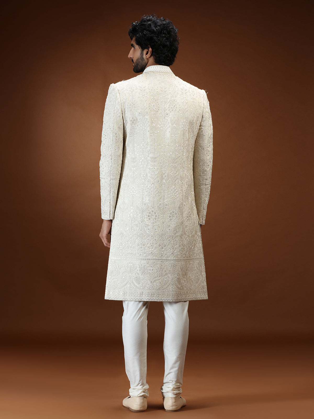 Cream tissue chikankari embroidered mens sherwani