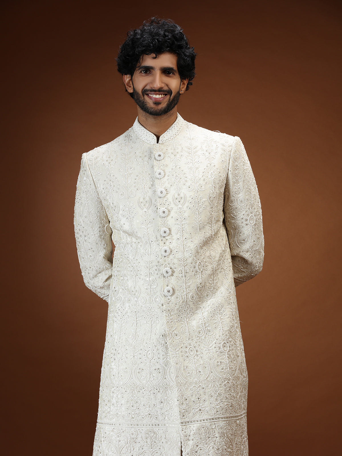 Cream tissue chikankari embroidered mens sherwani