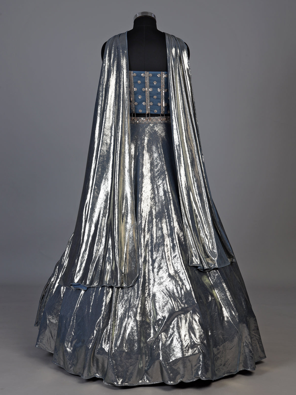 Mesmerizing stone blue shimmer tissue silk lehenga choli ensemble