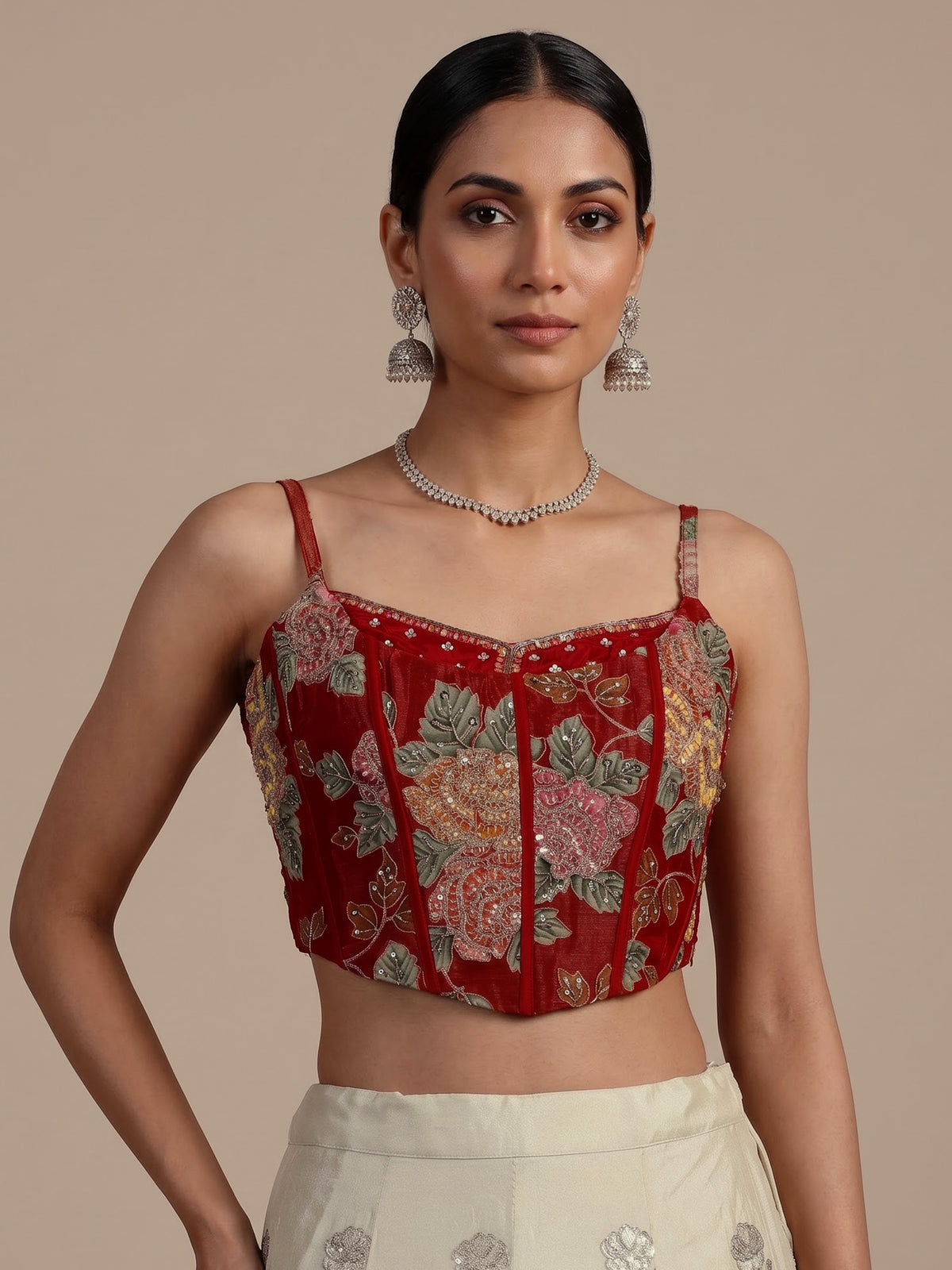 Stunning red silk lehenga choli with resham and diamond embellishments