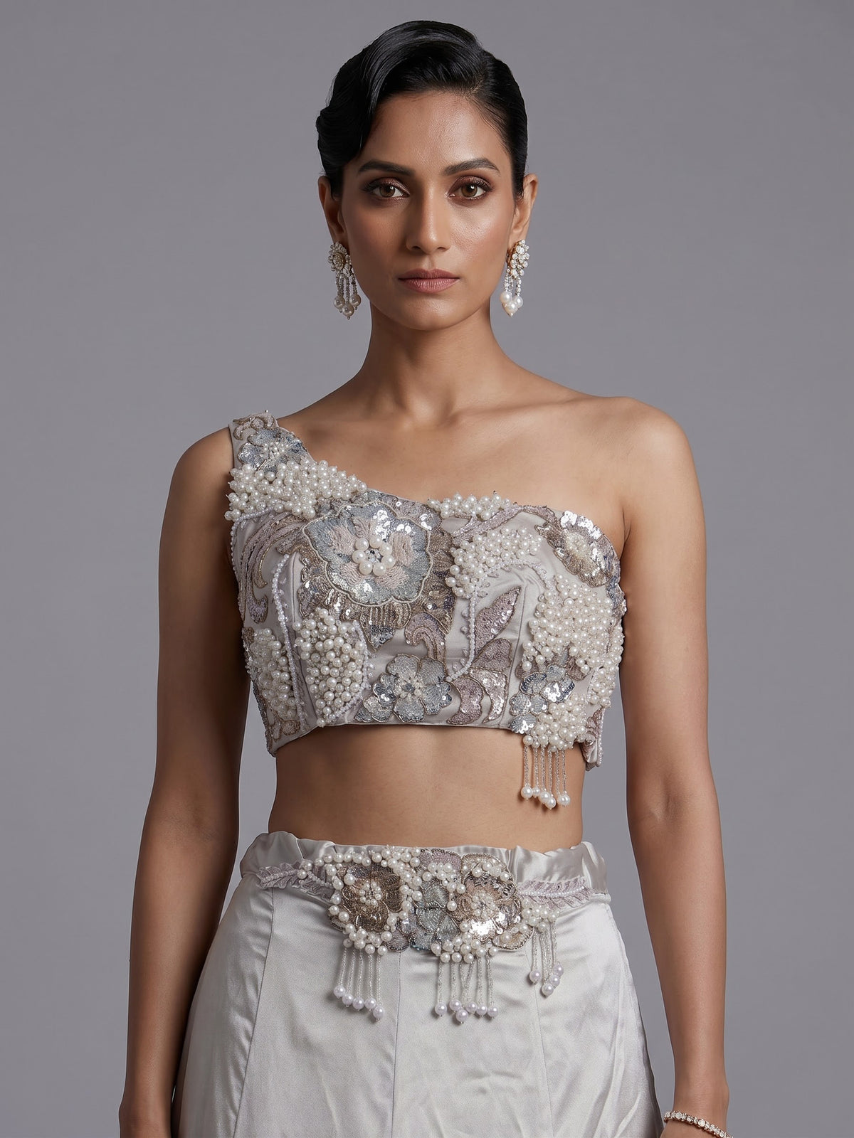 Elegant light grey satin silk lehenga choli with sparkling accents