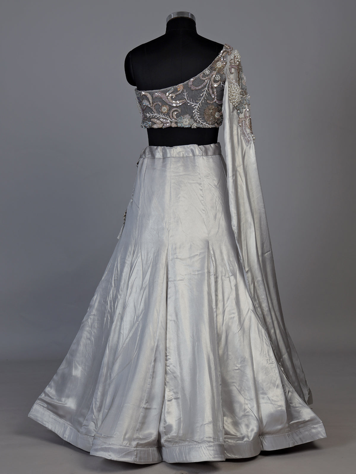 Elegant light grey satin silk lehenga choli with sparkling accents