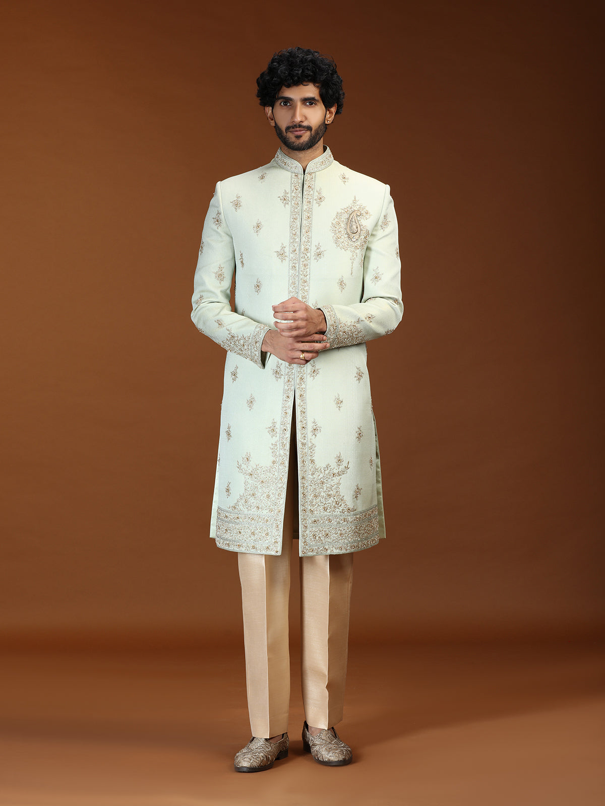 Mint green silk mens sherwani with imperial paisley motifs