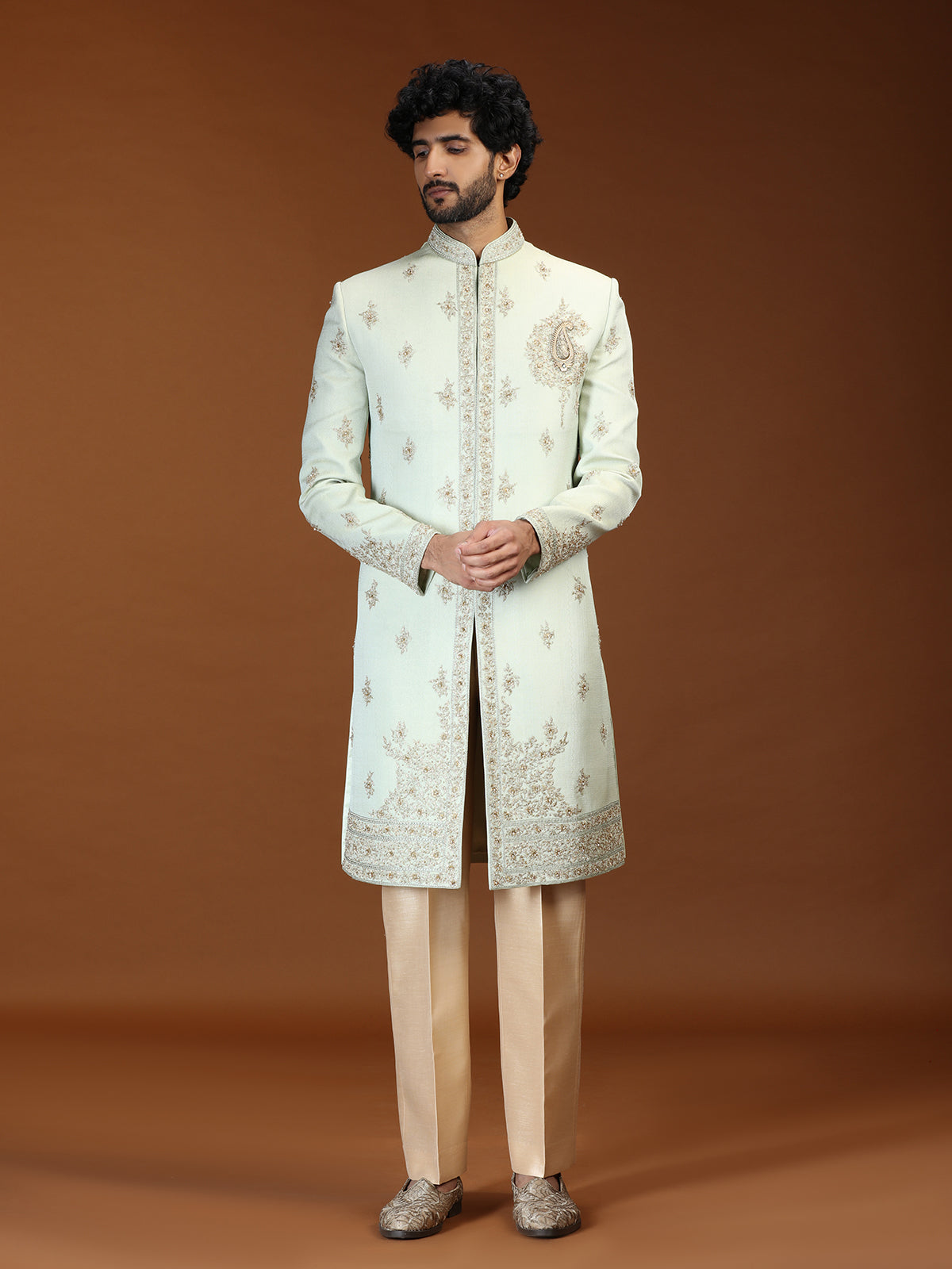 Mint green silk mens sherwani with imperial paisley motifs