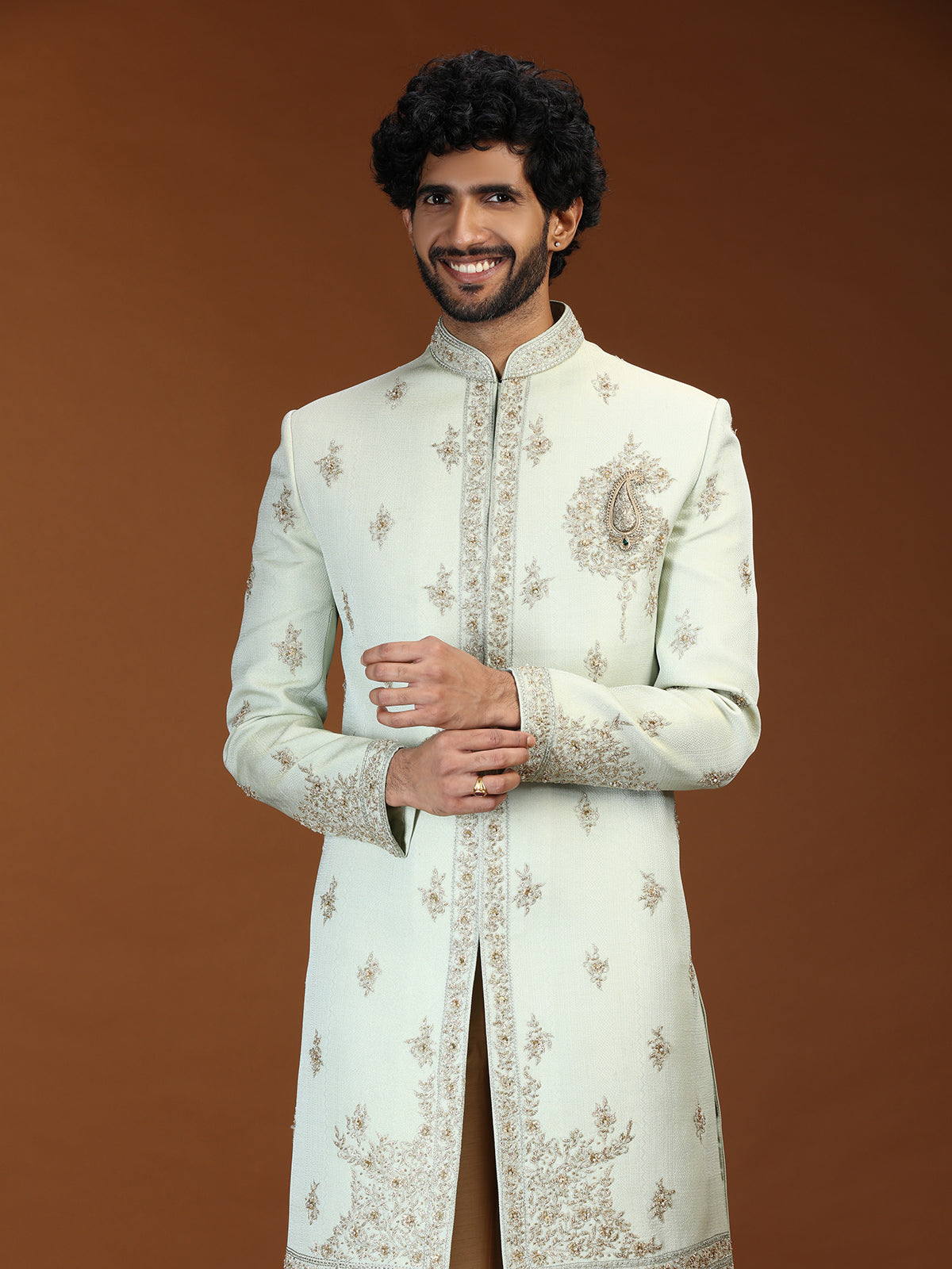 Mint green silk mens sherwani with imperial paisley motifs