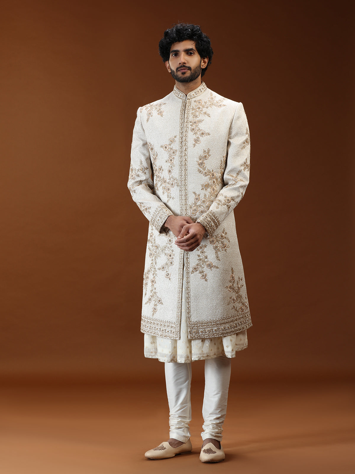Cream silk mens sherwani with botanical embroidery