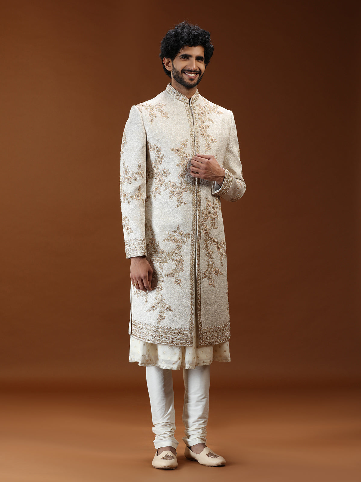 Cream silk mens sherwani with botanical embroidery