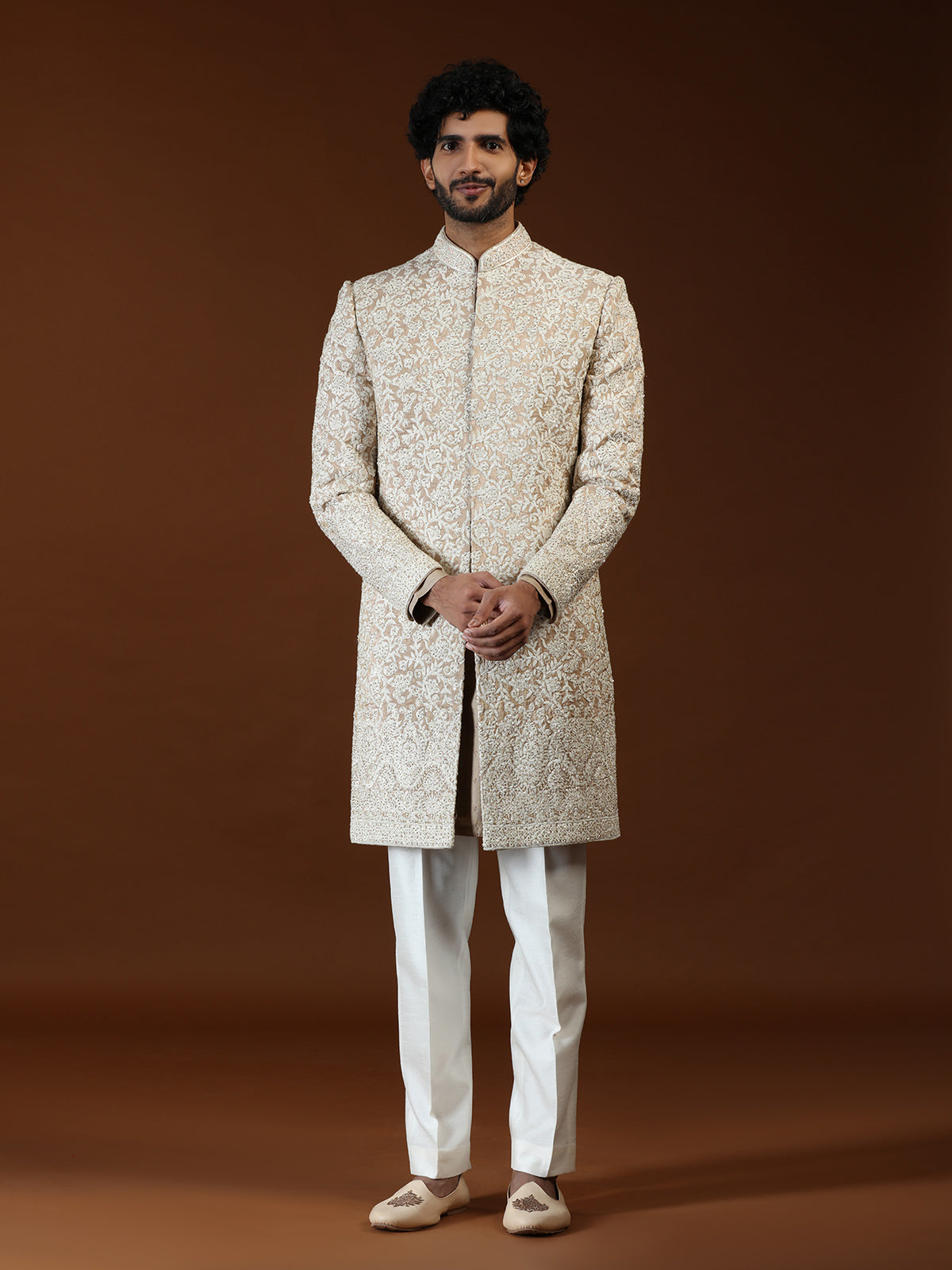 Light brown floral filigree mens sherwani