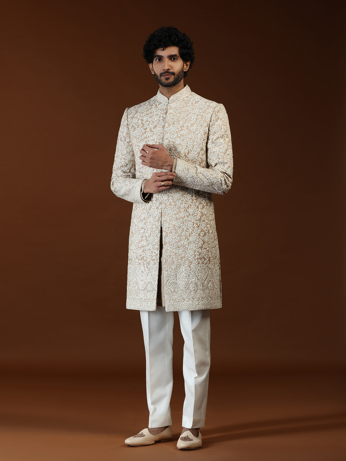 Light brown floral filigree mens sherwani
