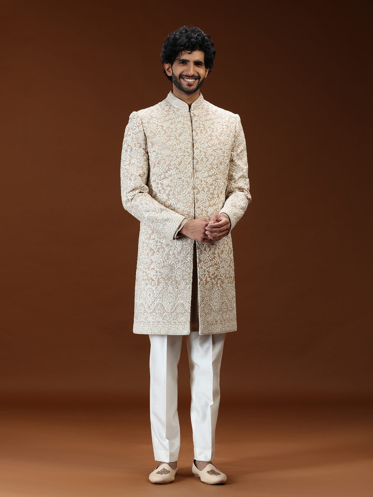 Light brown floral filigree mens sherwani