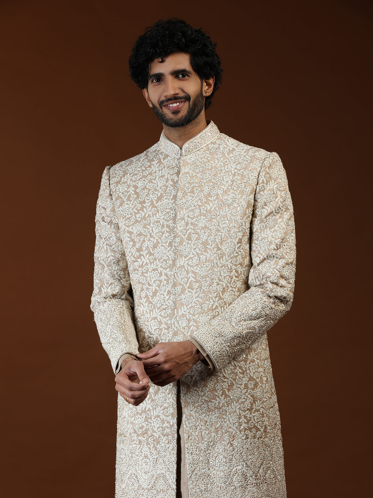 Light brown floral filigree mens sherwani