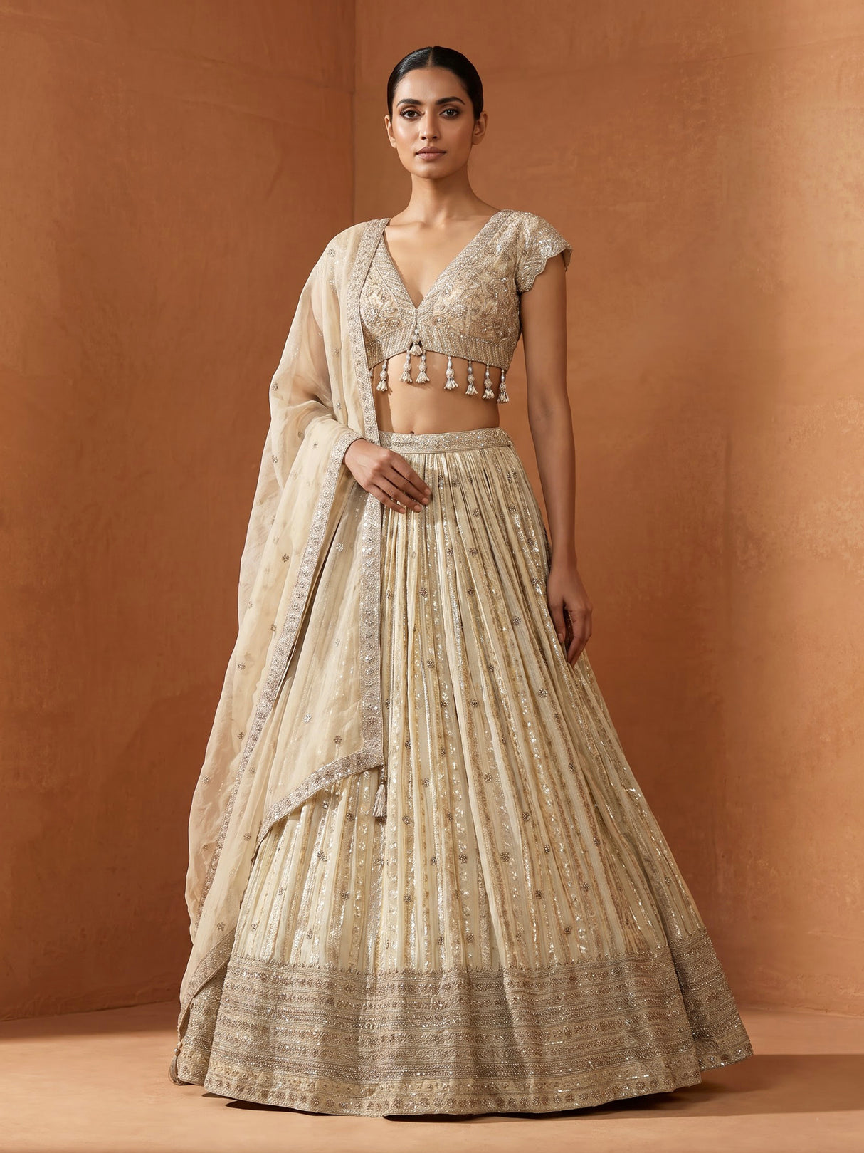 Beige elegant pearl tassel women lehenga choli