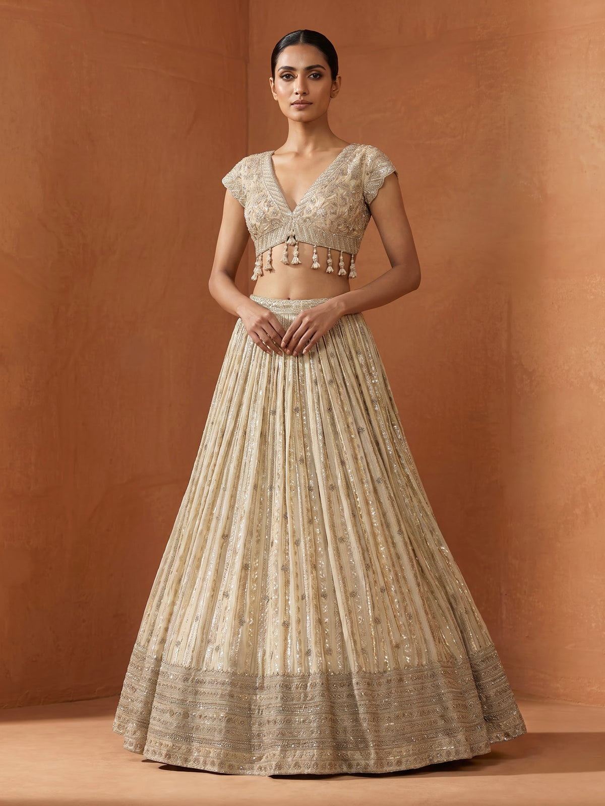 Beige elegant pearl tassel women lehenga choli