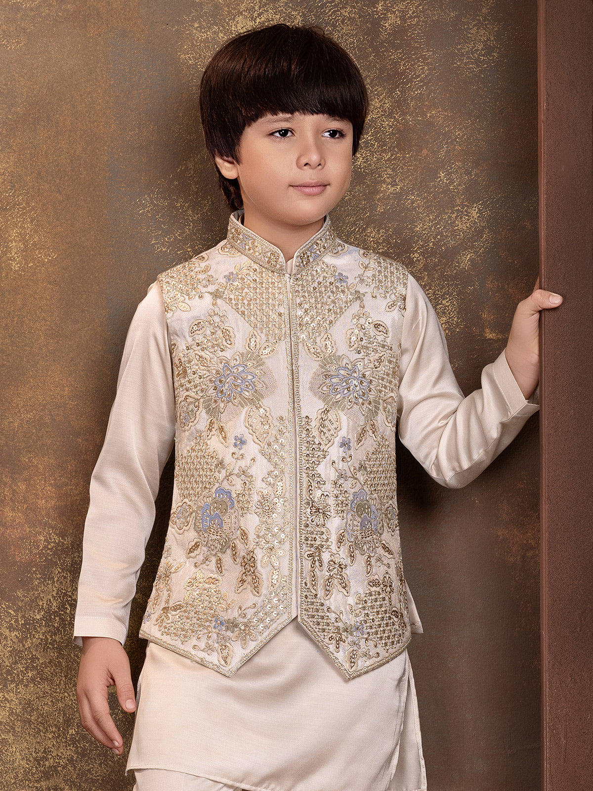Beige mughal arch boys waistcoat set