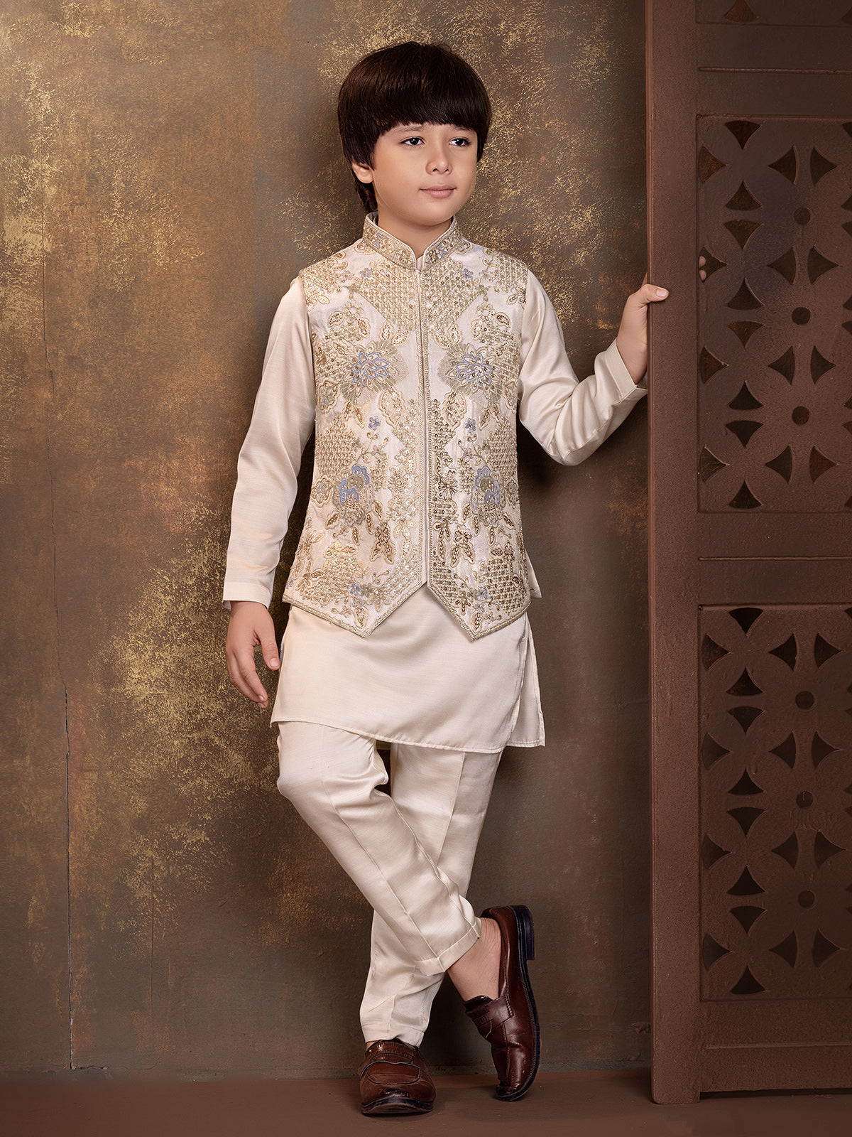 Beige mughal arch boys waistcoat set