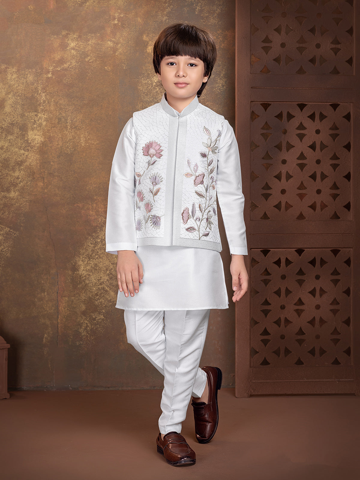 White floral threadwork boys waistcoat set