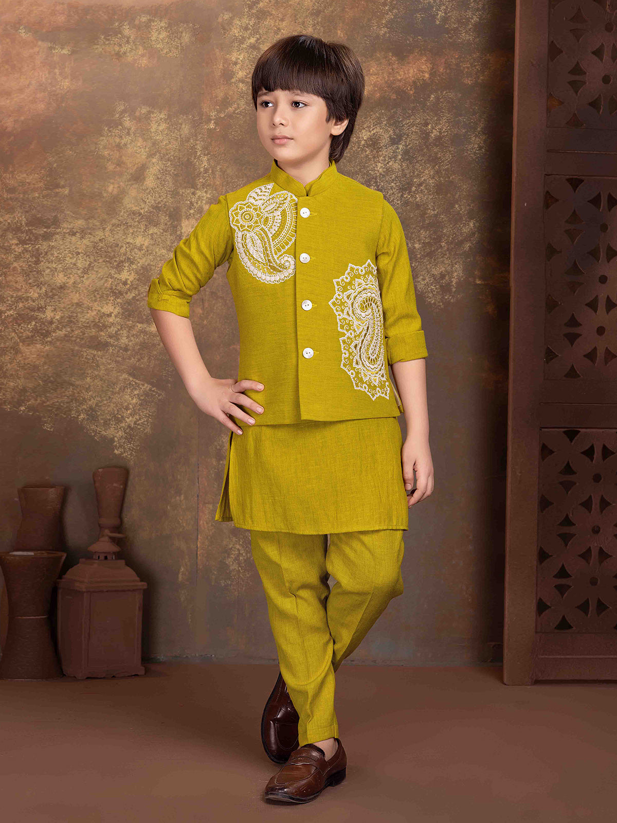 Mustard yellow paisley boys waistcoat set