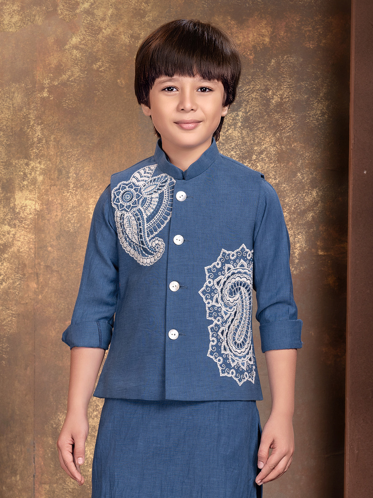 Stone blue paisley boys waistcoat set