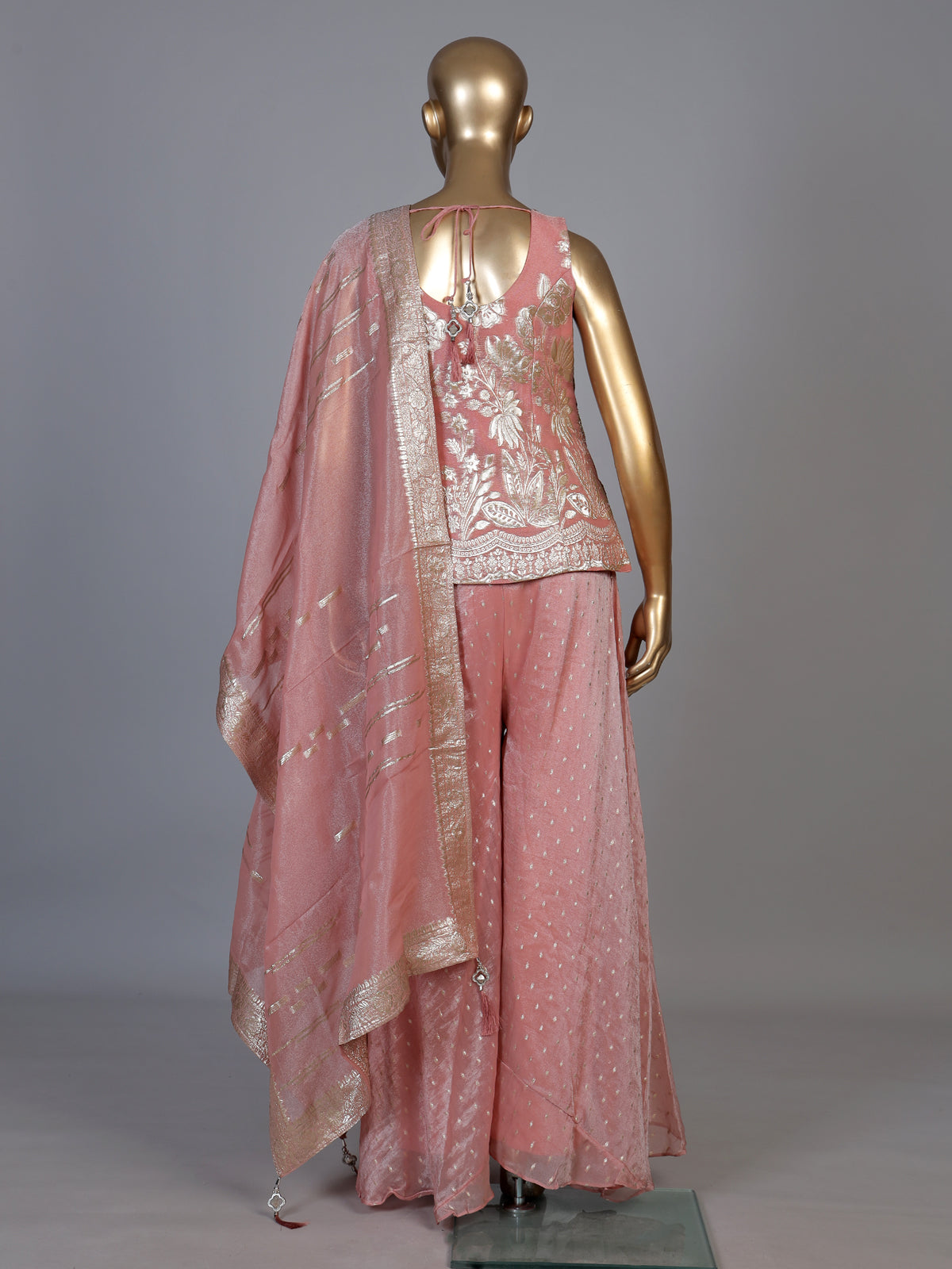 peach shimmer georgette silk palazzo suit with embellishments
