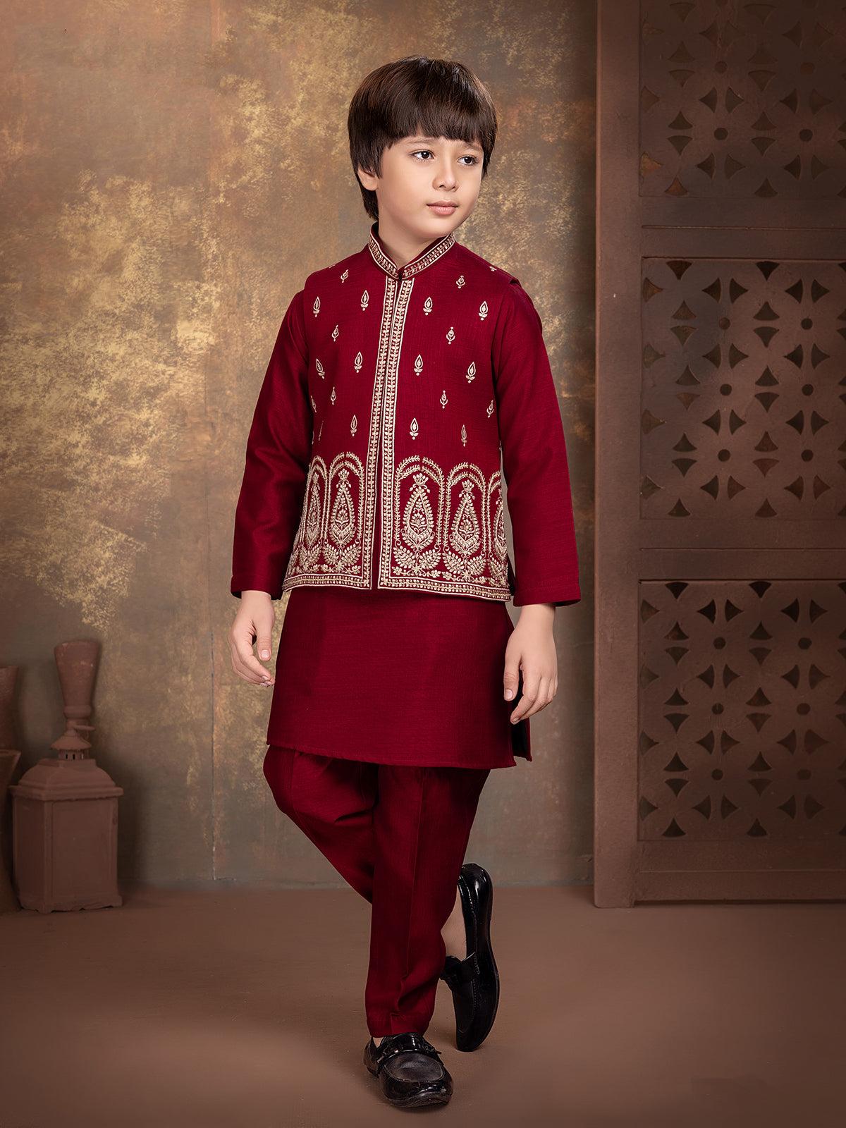 Maroon mughal paisley boys waistcoat set
