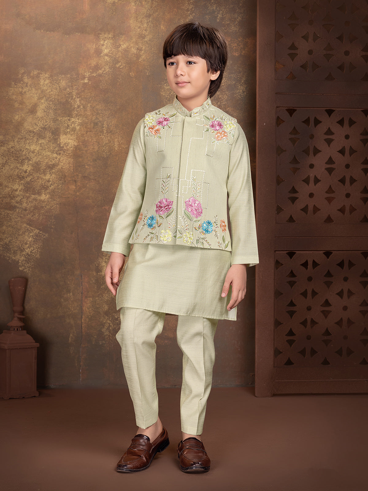 Light olive floral boys waistcoat set