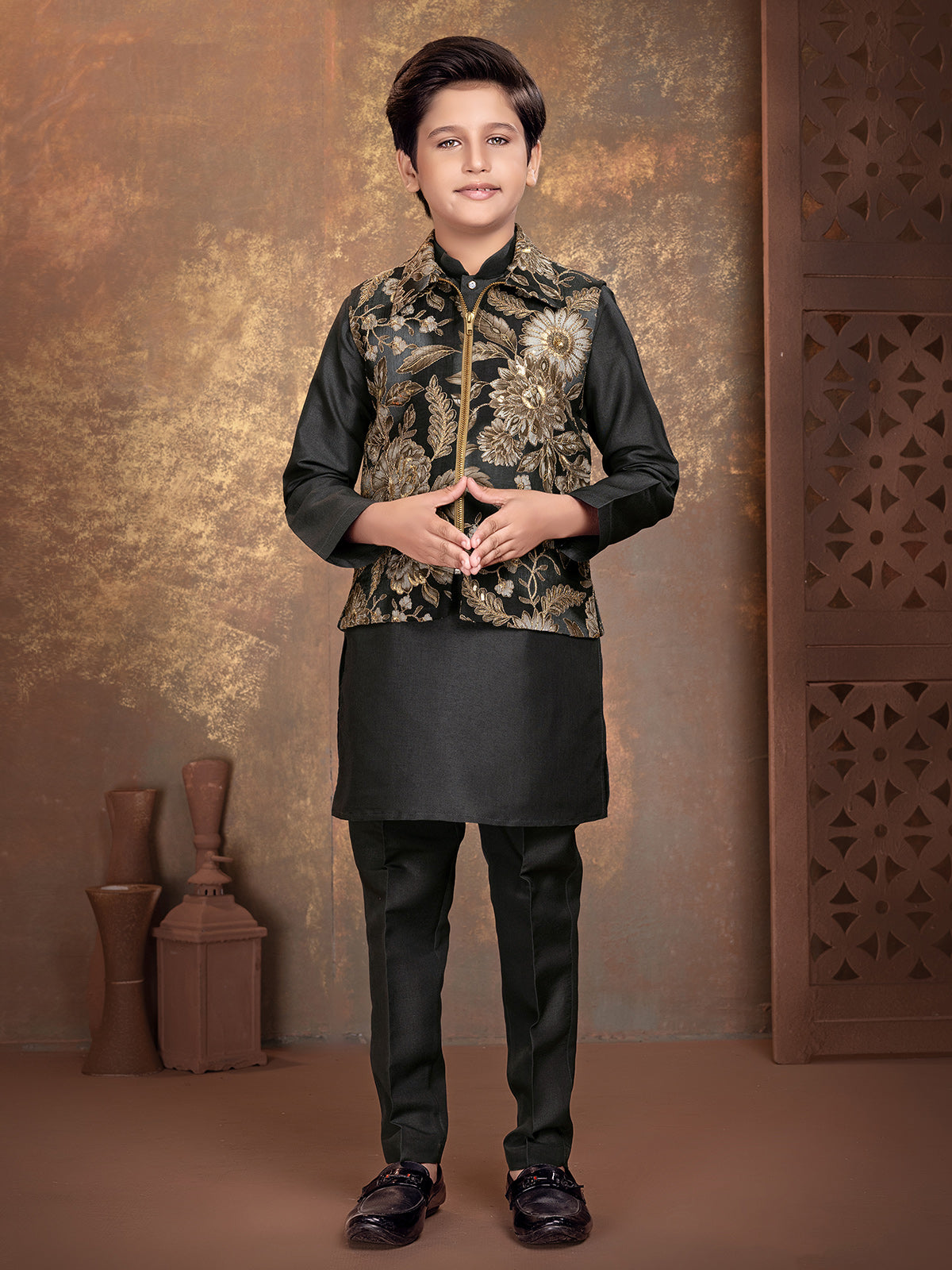 Black floral printed boys waistcoat set