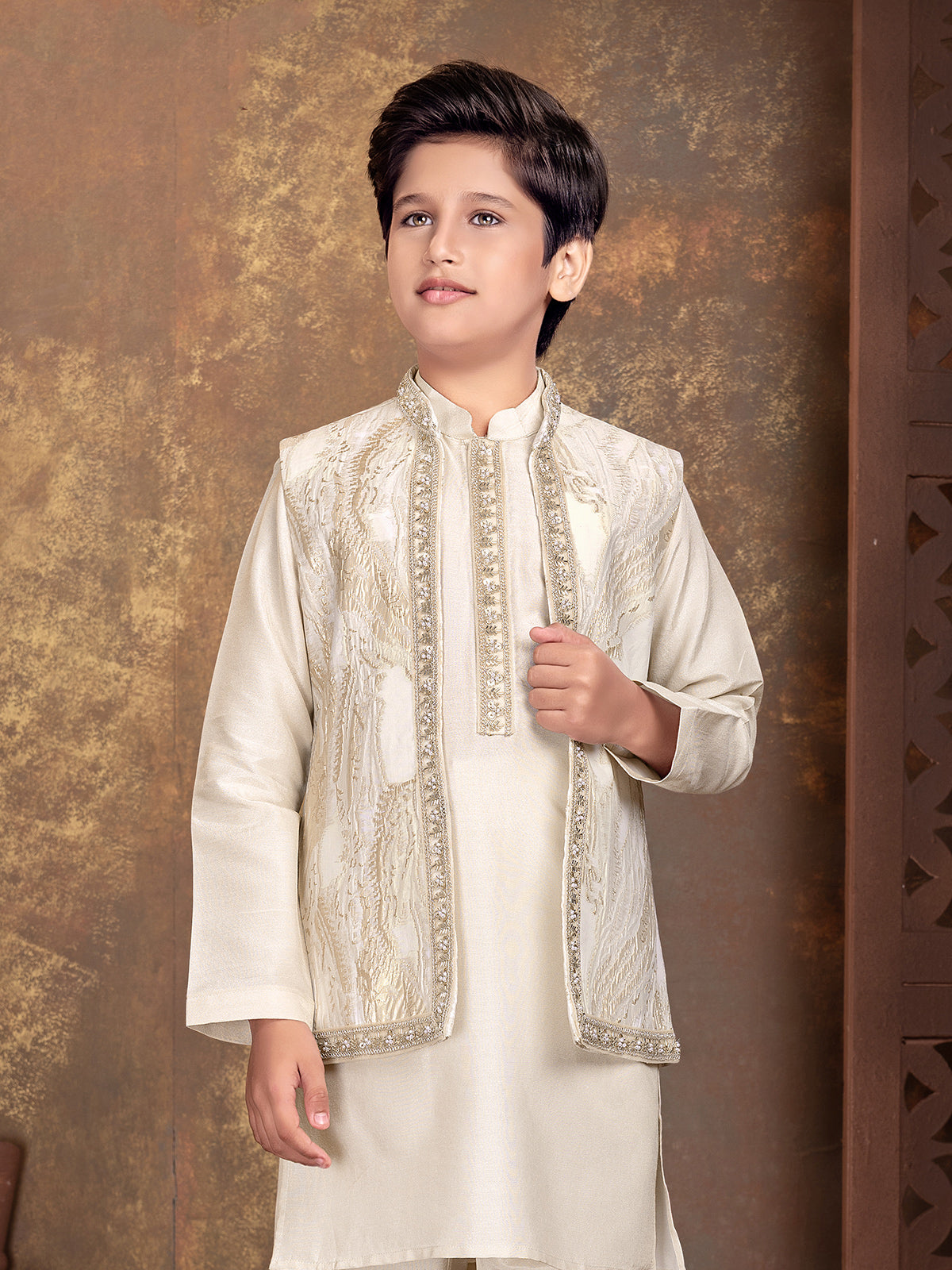 Cream botanical embroidered boys waistcoat set