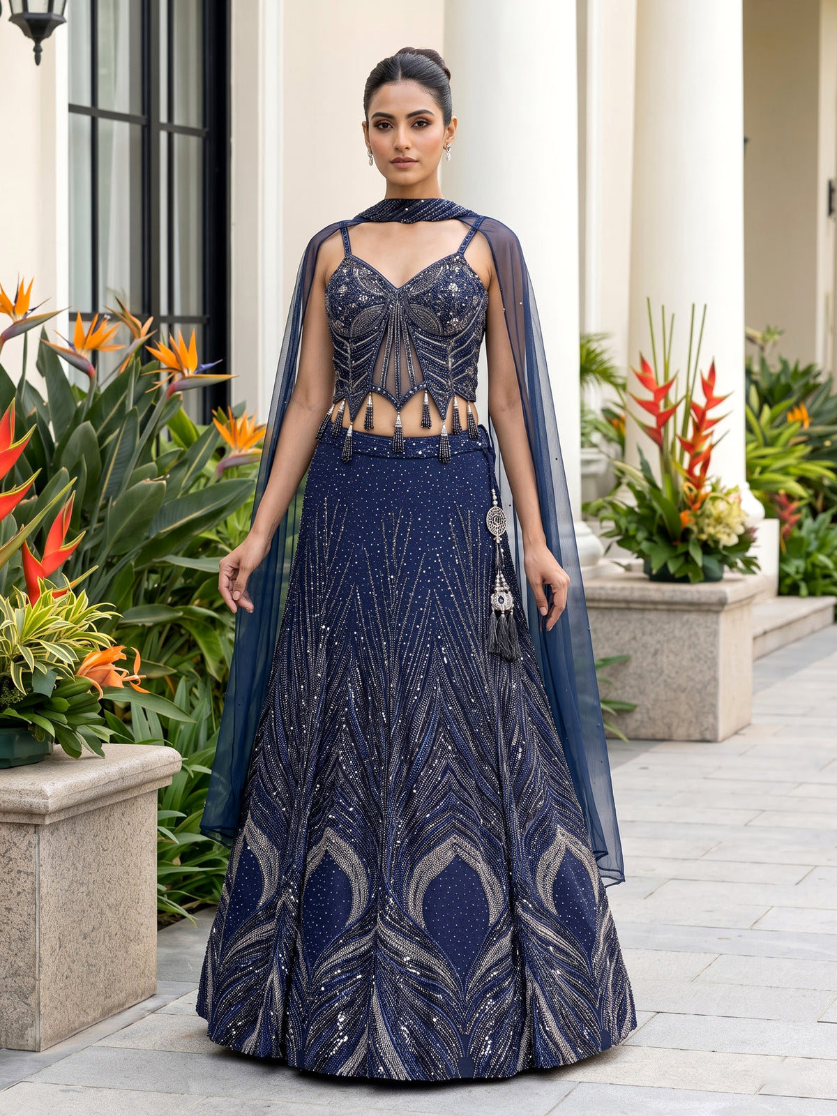 Navy blue art deco women lehenga choli