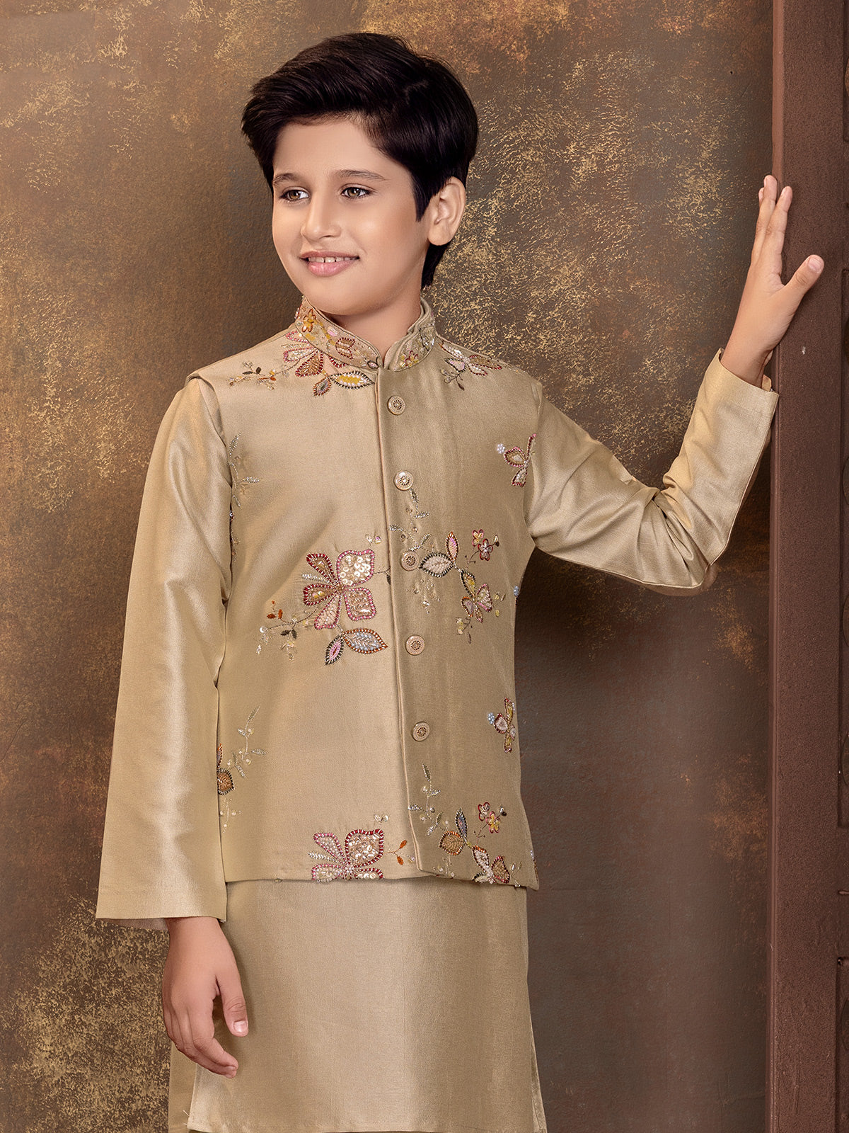 Dark beige floral boys waistcoat set