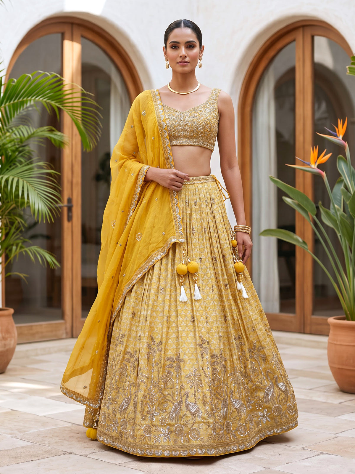 Mustard yellow heritage cartouche women lehenga choli
