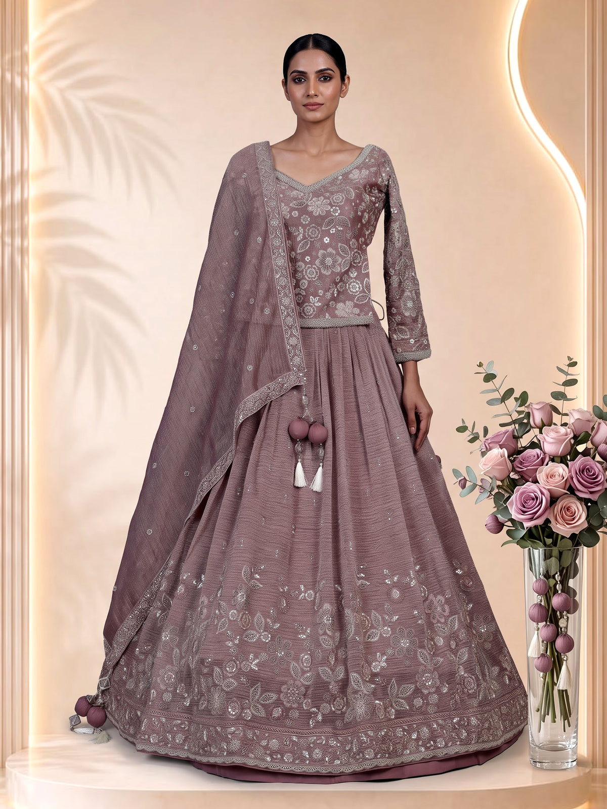 Onion pink pearl tassel women lehenga choli