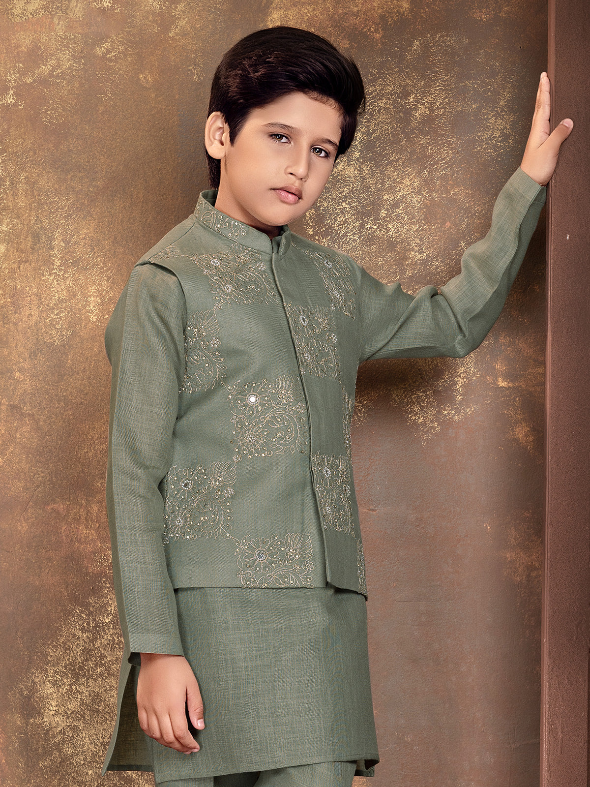Sage green geometric boys waistcoat set
