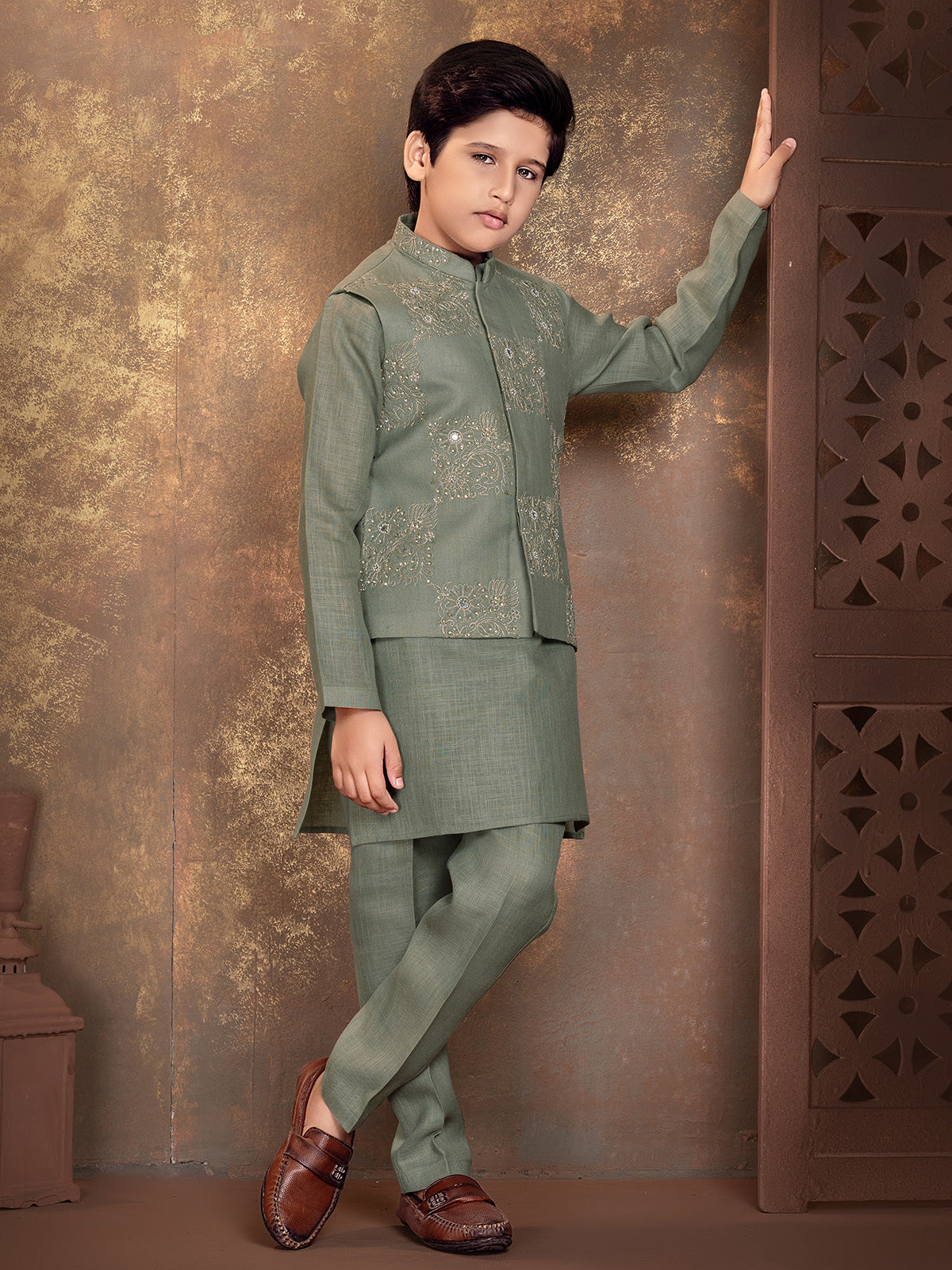 Sage green geometric boys waistcoat set