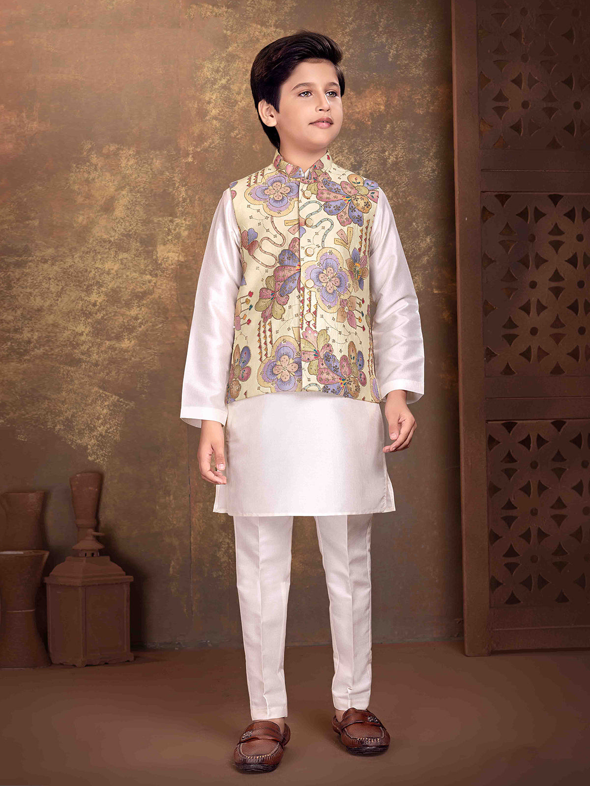 Ivory kalamkari floral boys waistcoat set