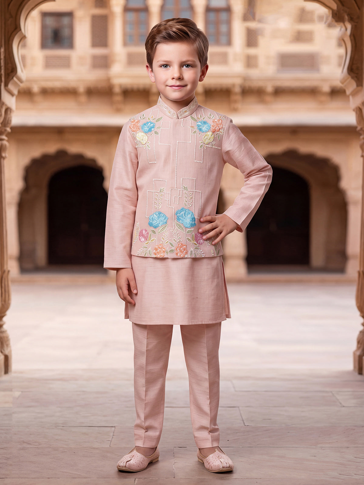 Powder peach floral boys waistcoat set