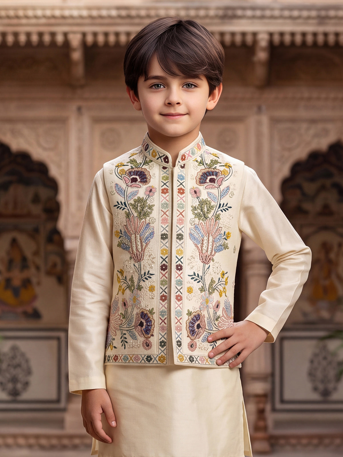 Cream botanical panel boys waistcoat set