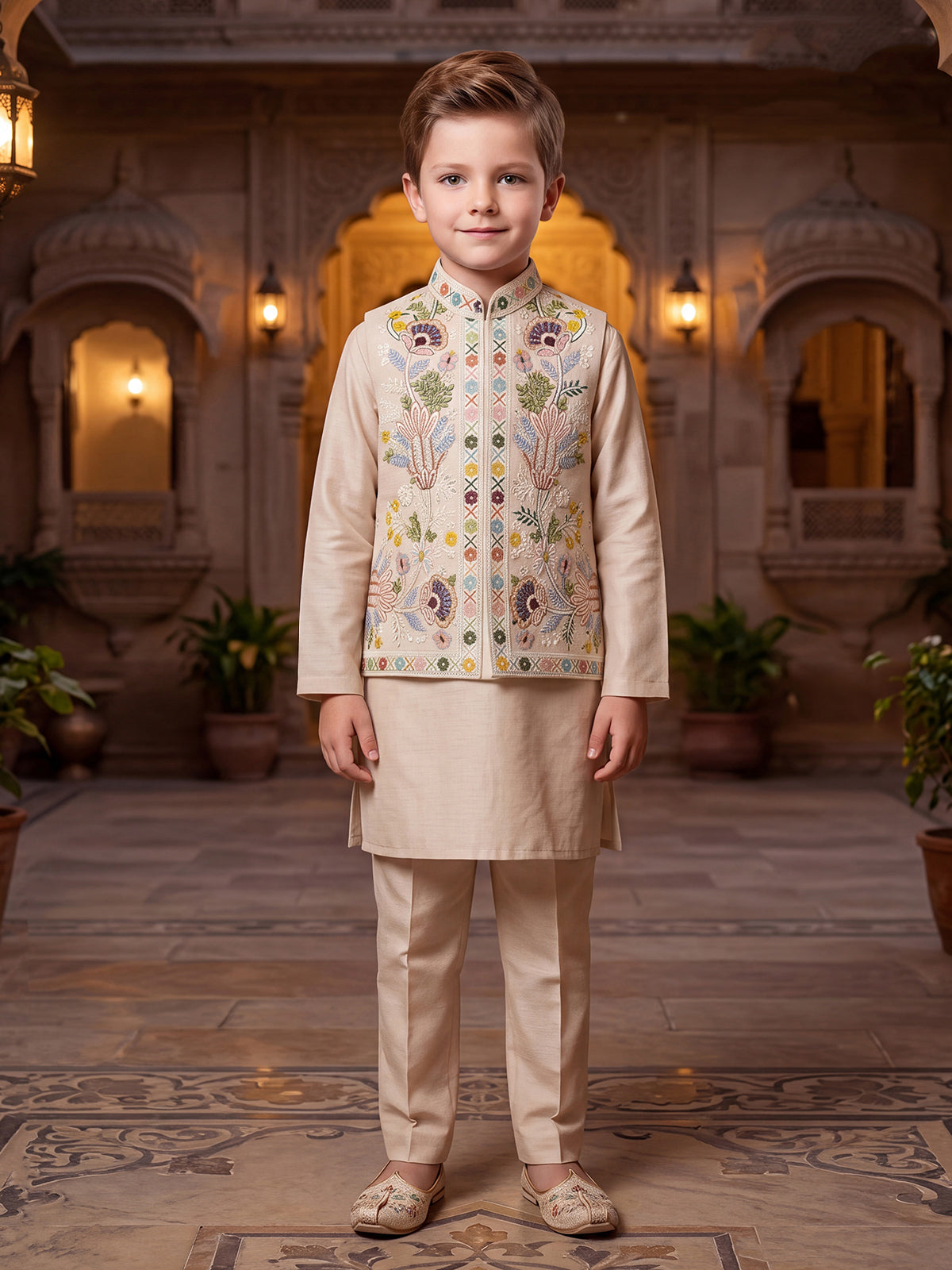 Light peach botanical panel boys waistcoat set